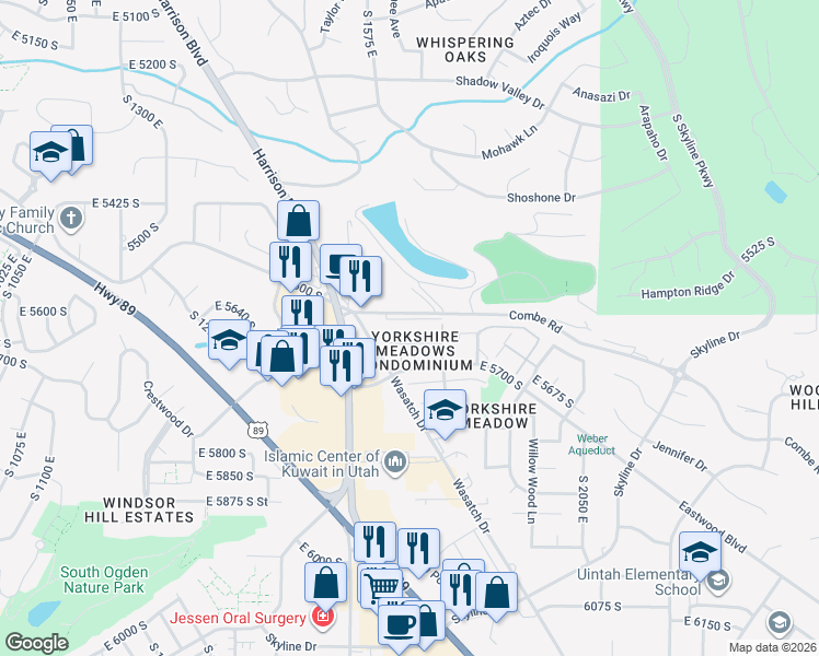 map of restaurants, bars, coffee shops, grocery stores, and more near 1770 East 5625 South in South Ogden