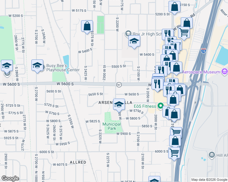 map of restaurants, bars, coffee shops, grocery stores, and more near 2269 West 5600 South in Roy