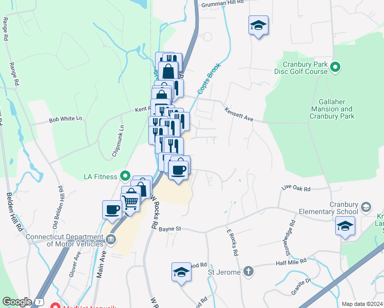 map of restaurants, bars, coffee shops, grocery stores, and more near 83 Fawn Ridge Lane in Norwalk