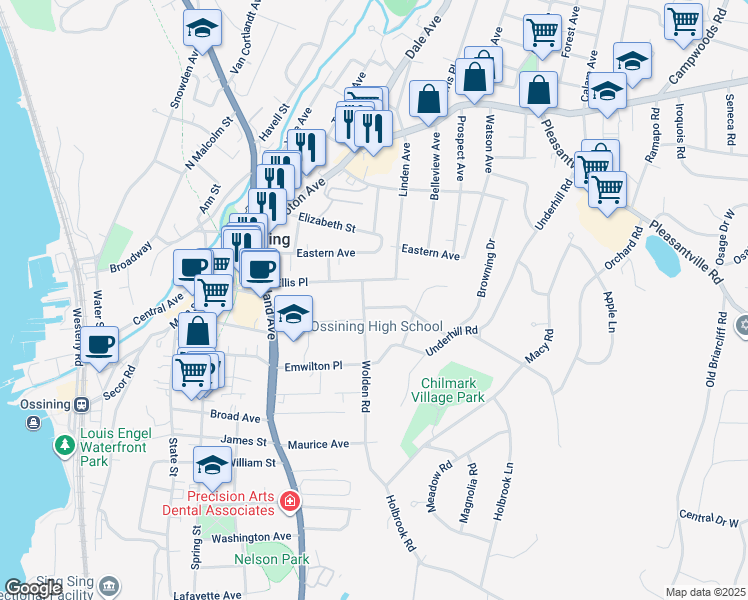 map of restaurants, bars, coffee shops, grocery stores, and more near 37 Ellis Place in Ossining