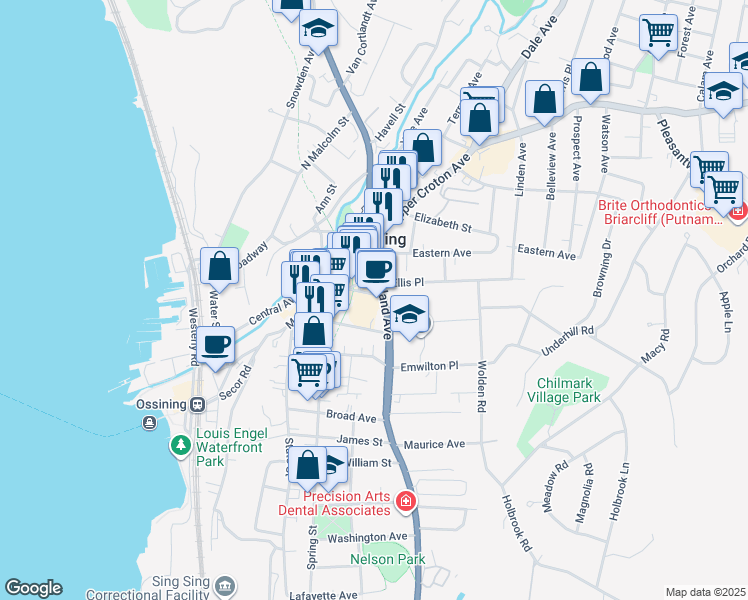 map of restaurants, bars, coffee shops, grocery stores, and more near 200 Main Street in Ossining