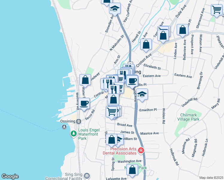 map of restaurants, bars, coffee shops, grocery stores, and more near 55 Central Avenue in Ossining