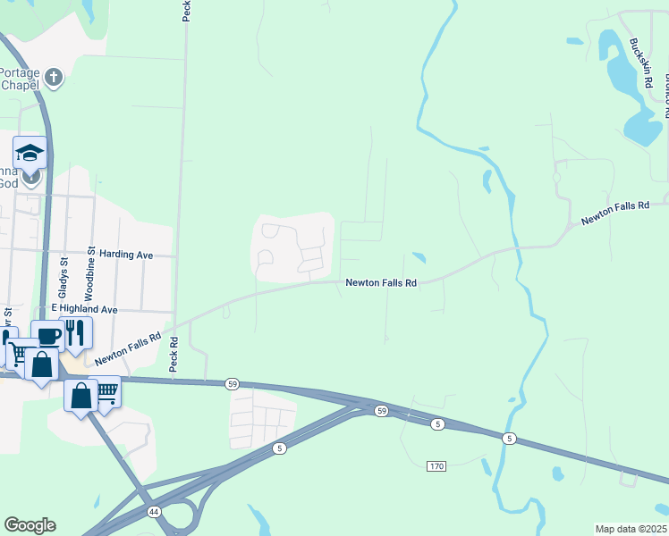 map of restaurants, bars, coffee shops, grocery stores, and more near 5219 Newton Falls Road in Ravenna