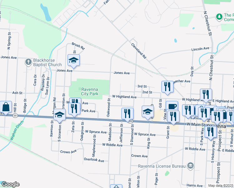 map of restaurants, bars, coffee shops, grocery stores, and more near 318 Franklin Street in Ravenna