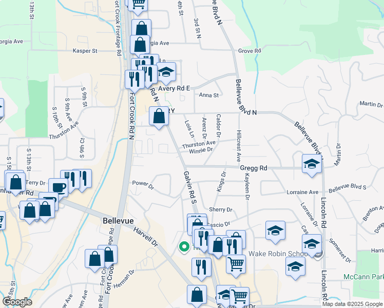 map of restaurants, bars, coffee shops, grocery stores, and more near 2003 Thurston Avenue in Bellevue