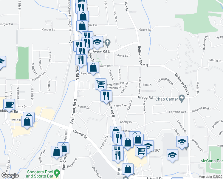 map of restaurants, bars, coffee shops, grocery stores, and more near 2003 Thurston Avenue in Bellevue