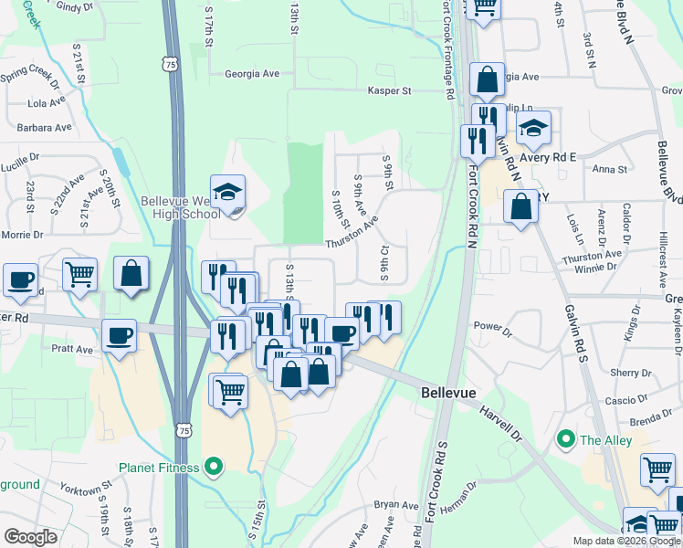 map of restaurants, bars, coffee shops, grocery stores, and more near 10006 South 10th Street in Bellevue