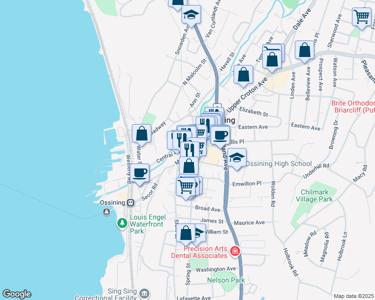 map of restaurants, bars, coffee shops, grocery stores, and more near 55 Central Avenue in Ossining