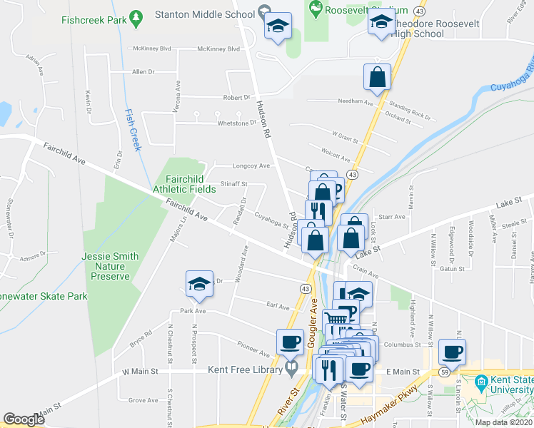 map of restaurants, bars, coffee shops, grocery stores, and more near 547 Cuyahoga Street in Kent