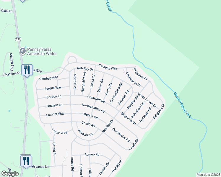 map of restaurants, bars, coffee shops, grocery stores, and more near 5119 Derby Road in Tobyhanna