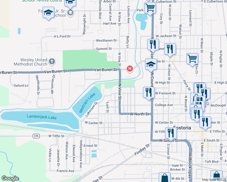 map of restaurants, bars, coffee shops, grocery stores, and more near 707 West Park Drive in Fostoria