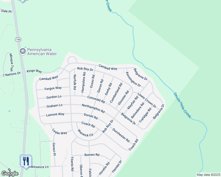 map of restaurants, bars, coffee shops, grocery stores, and more near 5119 Derby Road in Tobyhanna