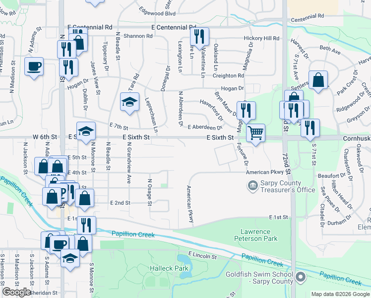 map of restaurants, bars, coffee shops, grocery stores, and more near 615 East Sixth Street in Papillion