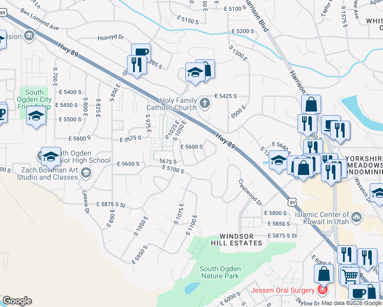 map of restaurants, bars, coffee shops, grocery stores, and more near 5631 South 1075 East in South Ogden
