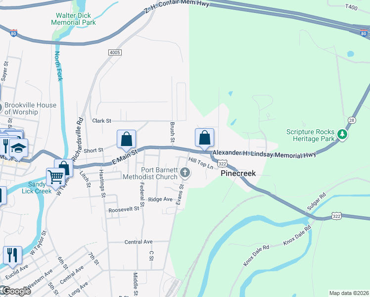 map of restaurants, bars, coffee shops, grocery stores, and more near 312 East Main Street in Brookville