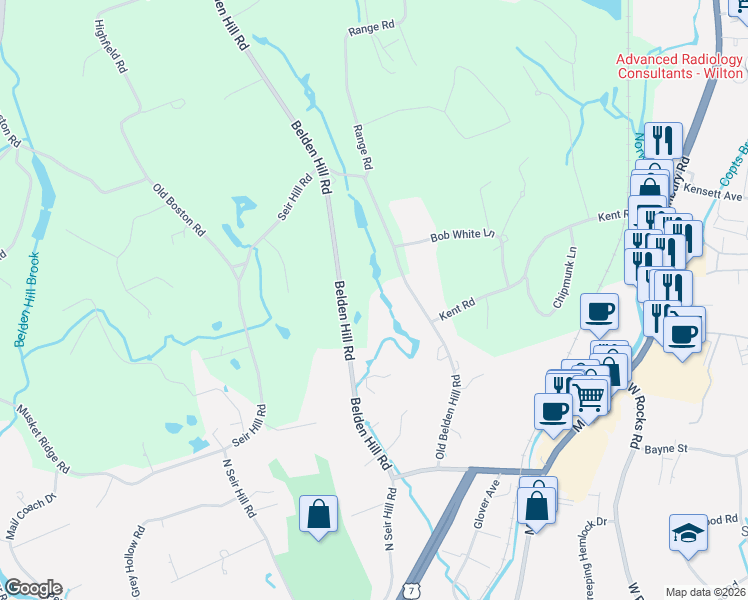 map of restaurants, bars, coffee shops, grocery stores, and more near 70 Old Belden Hill Road in Wilton