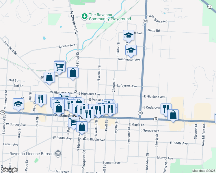 map of restaurants, bars, coffee shops, grocery stores, and more near 320 Elm Street in Ravenna