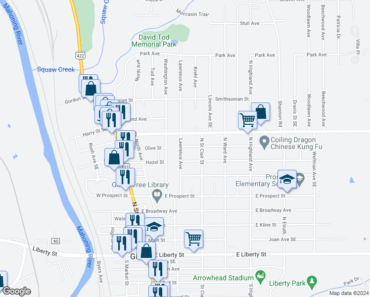 map of restaurants, bars, coffee shops, grocery stores, and more near 629 Lawrence Avenue Southeast in Girard