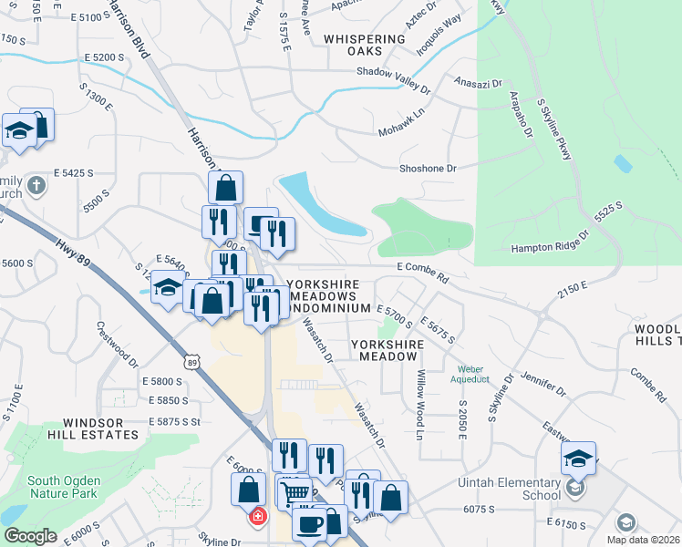 map of restaurants, bars, coffee shops, grocery stores, and more near 1718 Combe Road in Ogden