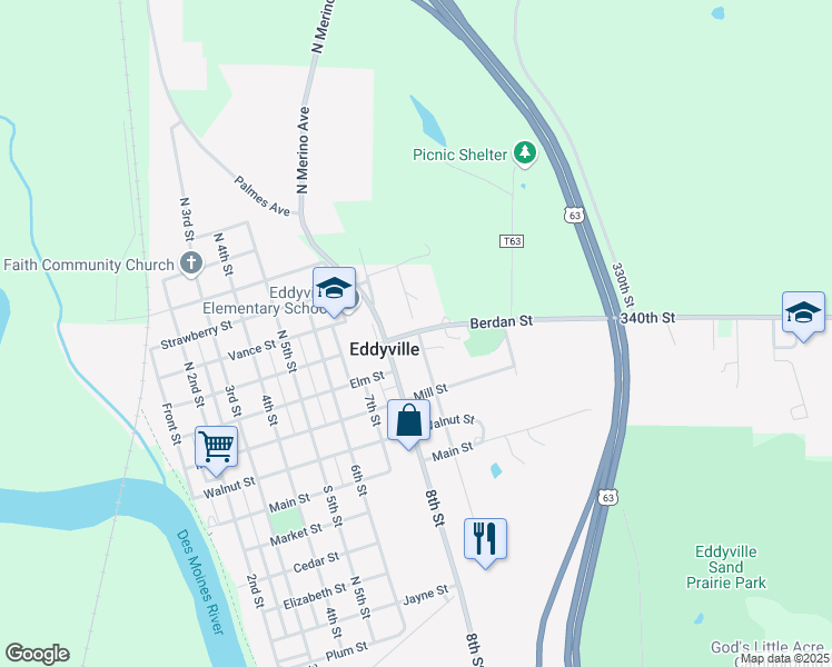 map of restaurants, bars, coffee shops, grocery stores, and more near 1301 Berdan Street in Eddyville