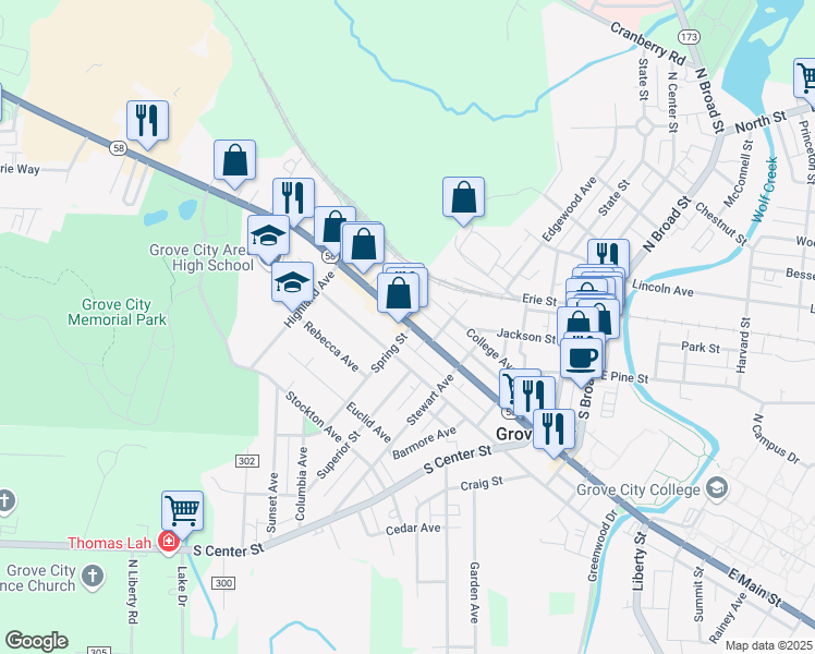 map of restaurants, bars, coffee shops, grocery stores, and more near 415 Spring Street in Grove City