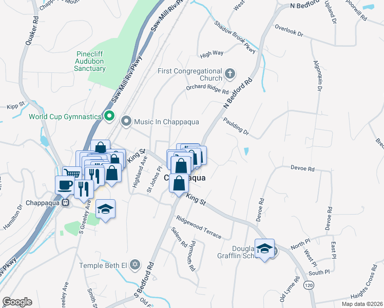 map of restaurants, bars, coffee shops, grocery stores, and more near 150 Bedford Road in Chappaqua