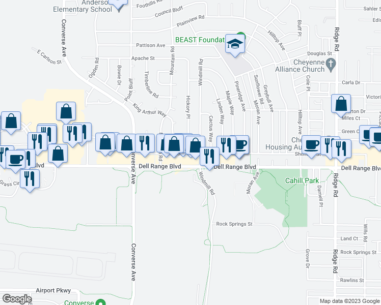 map of restaurants, bars, coffee shops, grocery stores, and more near 4703 Hickory Place in Cheyenne