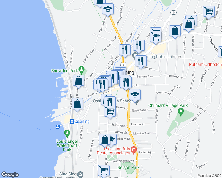 map of restaurants, bars, coffee shops, grocery stores, and more near 2 Spring Street in Ossining