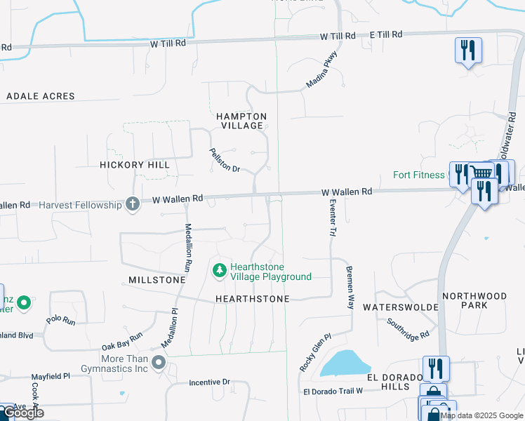 map of restaurants, bars, coffee shops, grocery stores, and more near 8834 Hunters Knoll Run in Fort Wayne