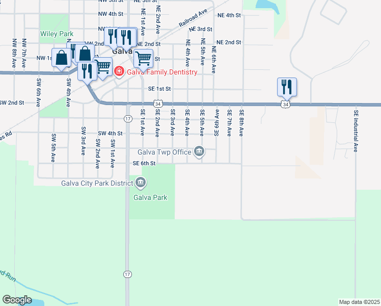 map of restaurants, bars, coffee shops, grocery stores, and more near 301-399 Southeast 5th Street in Galva