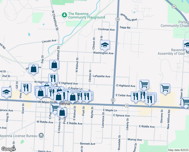 map of restaurants, bars, coffee shops, grocery stores, and more near 330 Pine Way in Ravenna