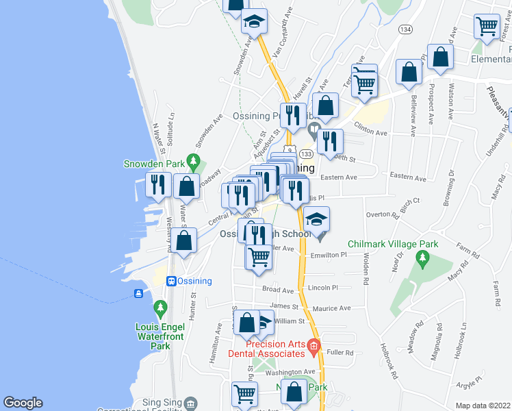 map of restaurants, bars, coffee shops, grocery stores, and more near 55 Central Avenue in Ossining