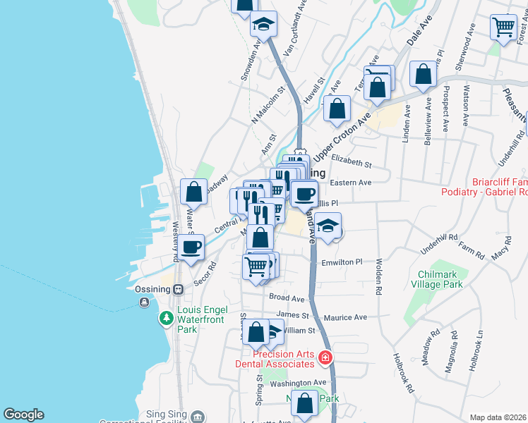map of restaurants, bars, coffee shops, grocery stores, and more near 55 Central Avenue in Ossining