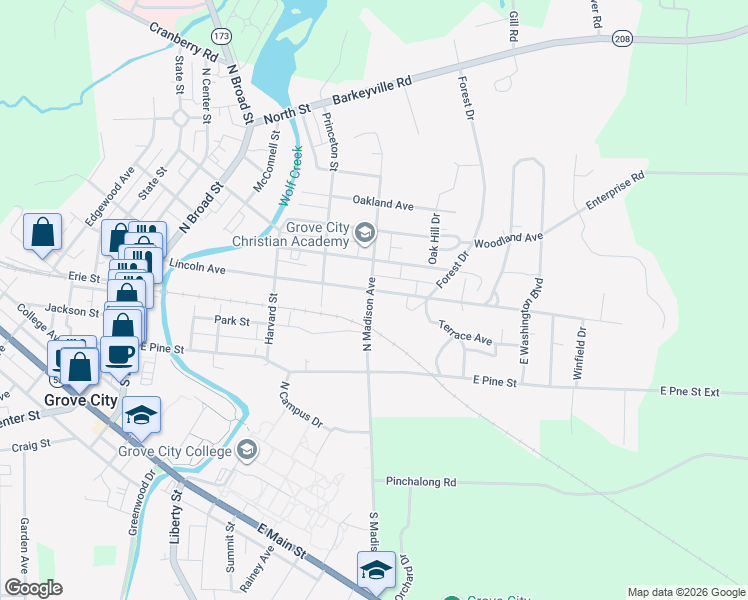 map of restaurants, bars, coffee shops, grocery stores, and more near 210 North Madison Avenue in Grove City