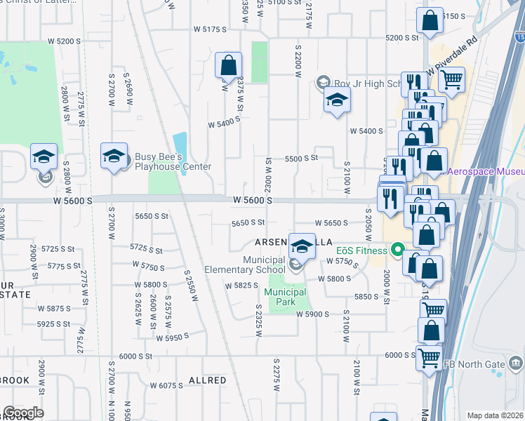 map of restaurants, bars, coffee shops, grocery stores, and more near 2334 Chateau Drive in Roy