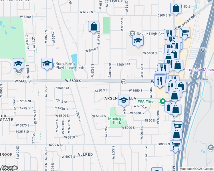 map of restaurants, bars, coffee shops, grocery stores, and more near 2334 Chateau Drive in Roy