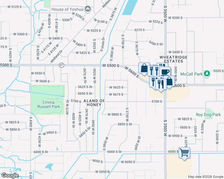 map of restaurants, bars, coffee shops, grocery stores, and more near 3832 5625 South Street in Roy