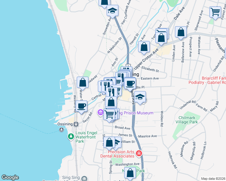 map of restaurants, bars, coffee shops, grocery stores, and more near 55 Central Avenue in Ossining