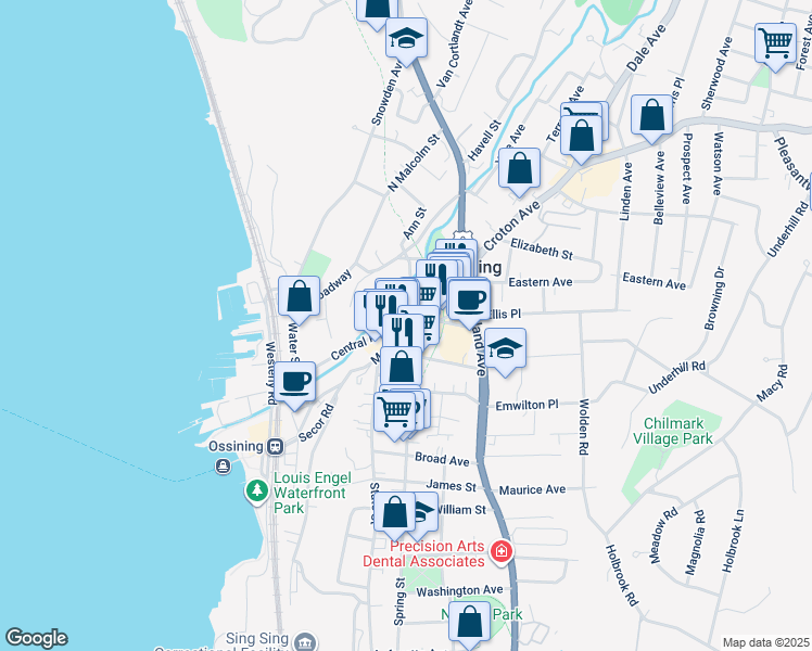 map of restaurants, bars, coffee shops, grocery stores, and more near 55 Central Avenue in Ossining
