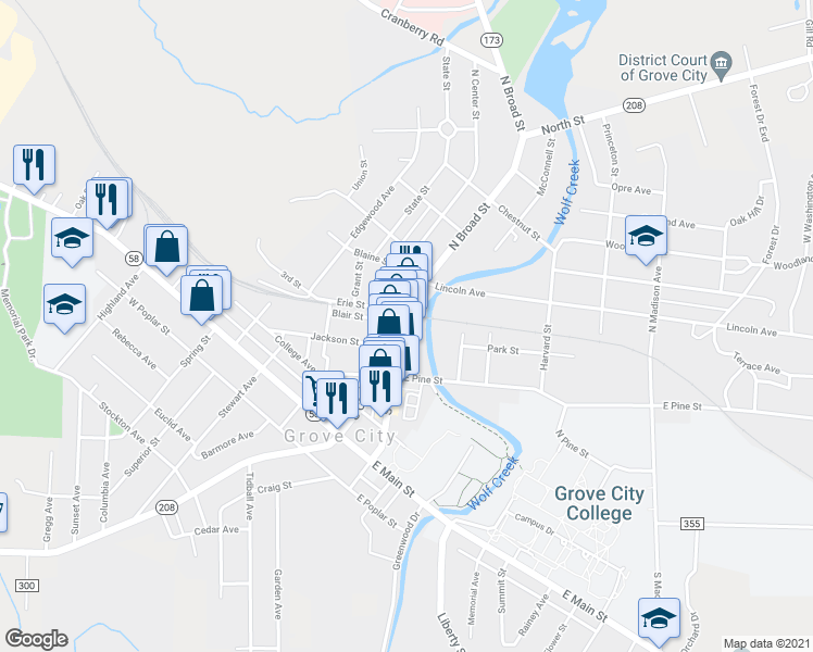 map of restaurants, bars, coffee shops, grocery stores, and more near 104 North Broad Street in Grove City