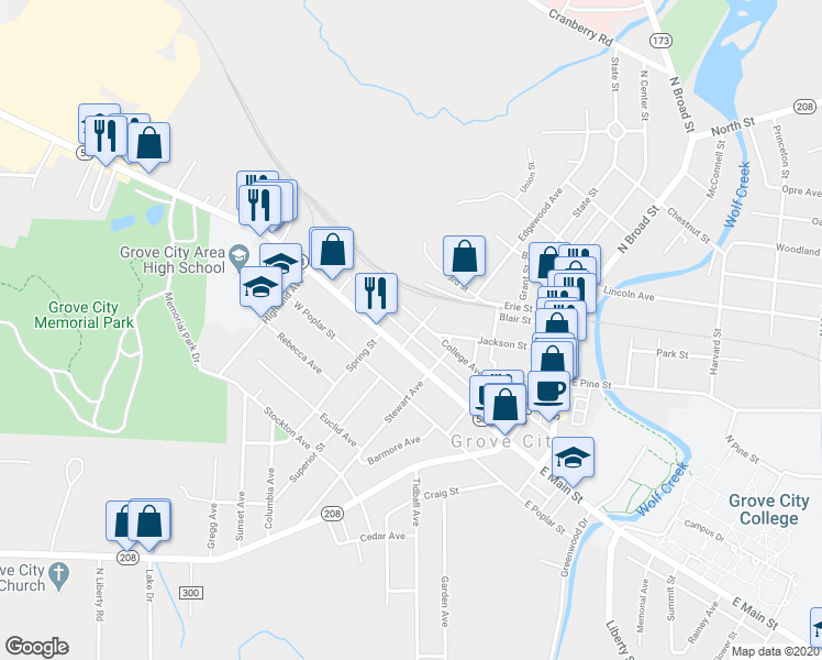 map of restaurants, bars, coffee shops, grocery stores, and more near 502 College Avenue in Grove City