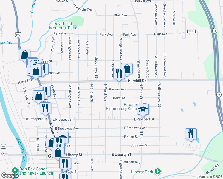 map of restaurants, bars, coffee shops, grocery stores, and more near in Girard