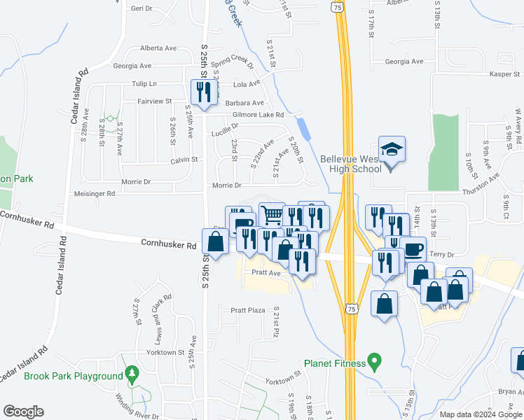 map of restaurants, bars, coffee shops, grocery stores, and more near 2109 Morrie Drive in Bellevue