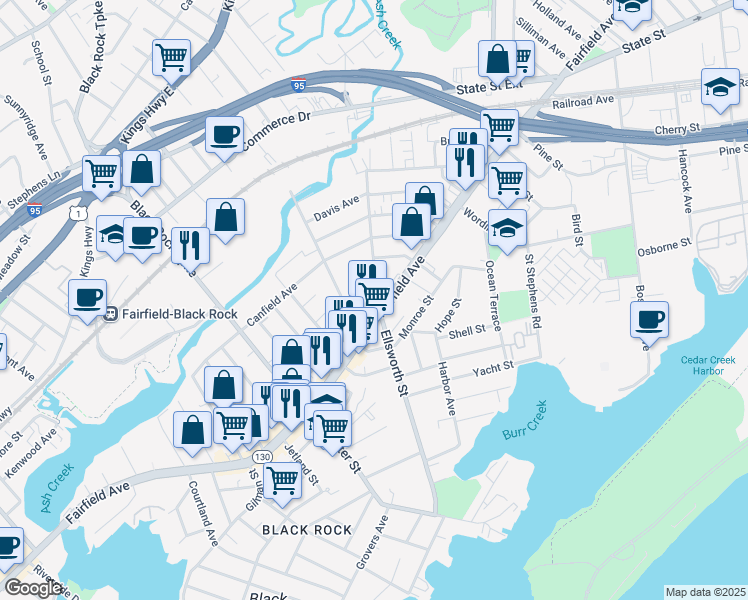 map of restaurants, bars, coffee shops, grocery stores, and more near 557 Ellsworth Street in Bridgeport