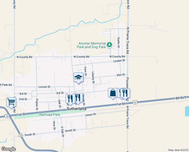 map of restaurants, bars, coffee shops, grocery stores, and more near 532 Elm Street in Sutherland