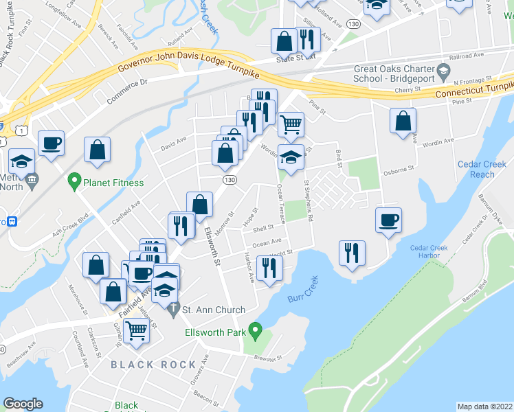 map of restaurants, bars, coffee shops, grocery stores, and more near 171 Hope Street in Bridgeport