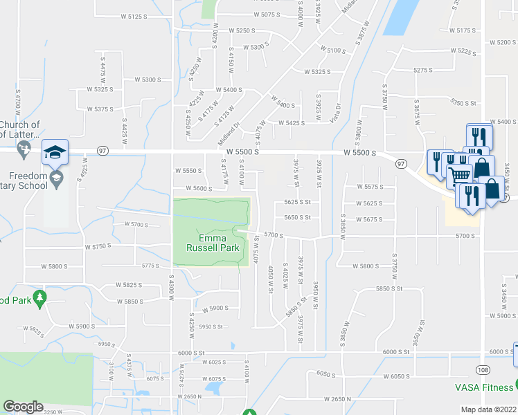 map of restaurants, bars, coffee shops, grocery stores, and more near 5645 4075 West Street in Roy