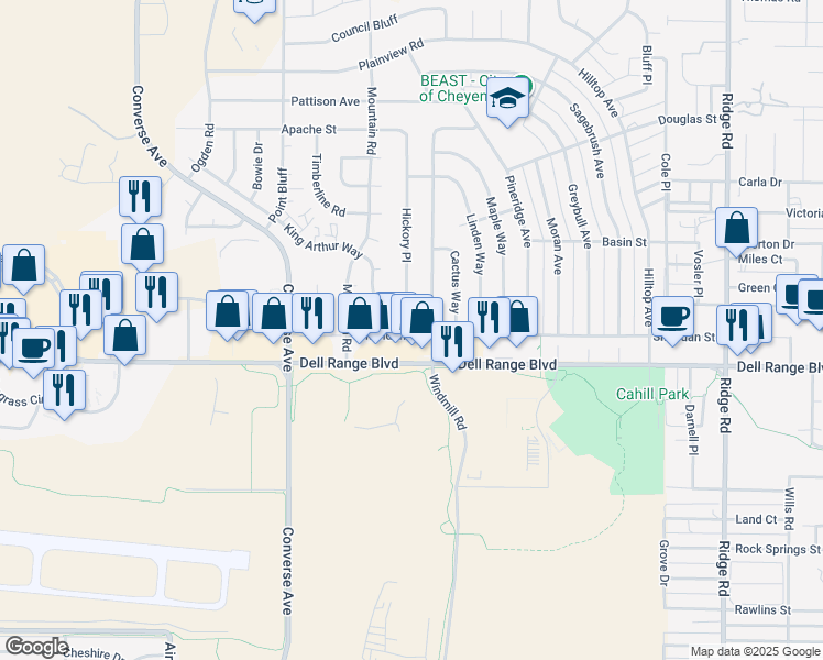 map of restaurants, bars, coffee shops, grocery stores, and more near 4719 Hickory Place in Cheyenne