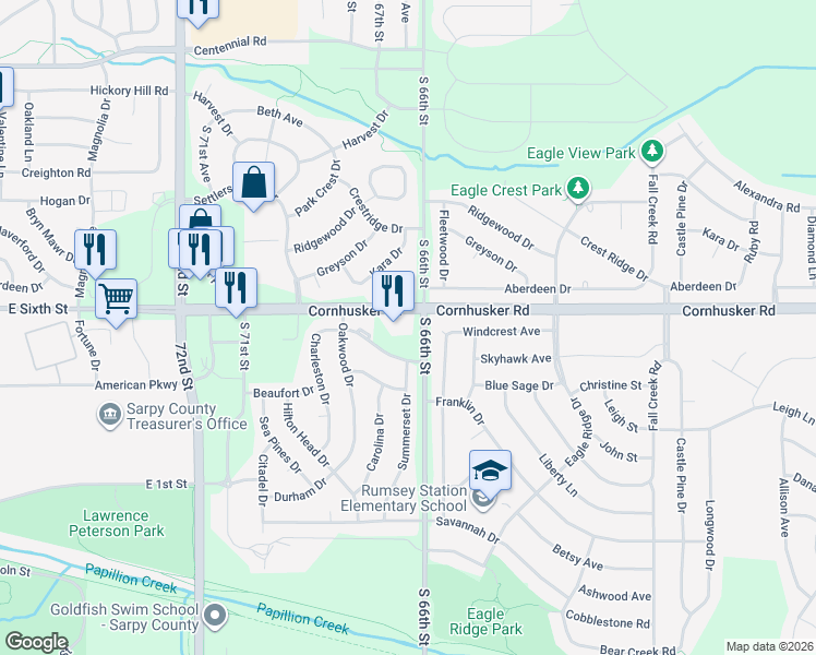 map of restaurants, bars, coffee shops, grocery stores, and more near 1716 Charleston Drive in Papillion