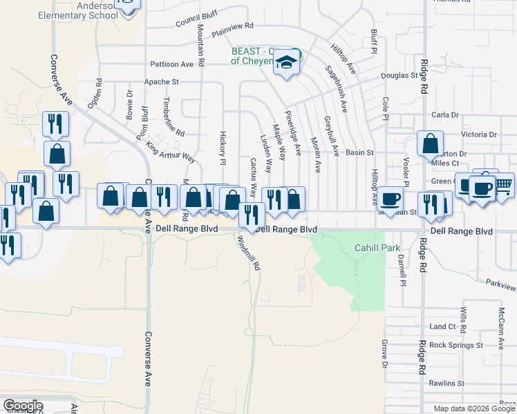 map of restaurants, bars, coffee shops, grocery stores, and more near 4716 Linden Way in Cheyenne